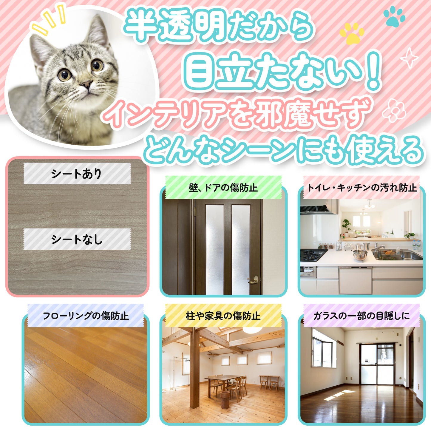 半透明 柱、壁、ドアの傷、汚れ防止 壁紙保護シート テープ幅タイプ(はがせる粘着シート)