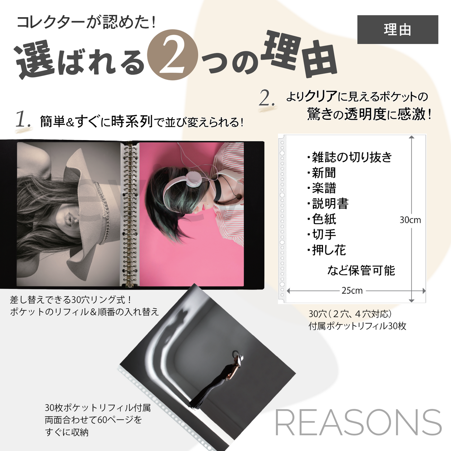 雑誌切り抜き マガジン クリア ファイル A4変形ワイド 30穴リング