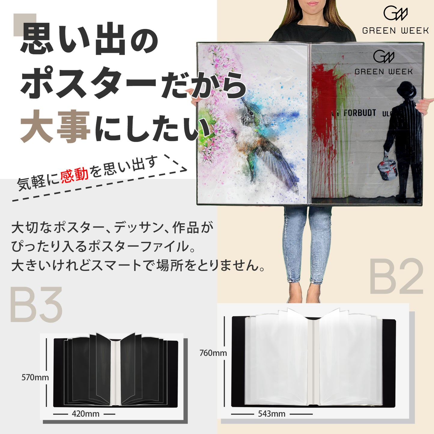 B2 ポスター クリア ファイル 収納20枚/収納40枚（中紙・収納ケース付）GWB2F-20/GWB2F-40